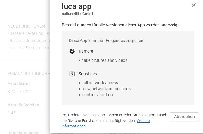 LUCA-App Playstore Berechtigungen
